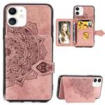 For iPhone 11    Mandala Embossed Cloth Card Case Mobile Phone Case with Magnetic and Bracket Function with Card Bag / Wallet / Photo Frame Function with Hand Strap(Rose Gold)