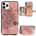 For iPhone 11 Pro Mandala Embossed Cloth Card Case Mobile Phone Case with Magnetic and Bracket Function with Card Bag / Wallet / Photo Frame Function with Hand Strap(Rose Gold)