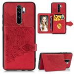 For Xiaomi Redmi Note 8 Pro  Mandala Embossed Cloth Card Case Mobile Phone Case with Magnetic and Bracket Function with Card Bag / Wallet / Photo Frame Function with Hand Strap(Red)