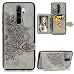 For Xiaomi Redmi Note 8 Pro  Mandala Embossed Cloth Card Case Mobile Phone Case with Magnetic and Bracket Function with Card Bag / Wallet / Photo Frame Function with Hand Strap(Gray)