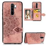 For Xiaomi Redmi Note 8 Pro  Mandala Embossed Cloth Card Case Mobile Phone Case with Magnetic and Bracket Function with Card Bag / Wallet / Photo Frame Function with Hand Strap(Rose Gold)