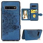 For Galaxy S10 Plus  Mandala Embossed Cloth Card Case Mobile Phone Case with Magnetic and Bracket Function with Card Bag / Wallet / Photo Frame Function with Hand Strap(Blue)