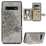 For Galaxy S10   Mandala Embossed Cloth Card Case Mobile Phone Case with Magnetic and Bracket Function with Card Bag / Wallet / Photo Frame Function with Hand Strap(Gray)