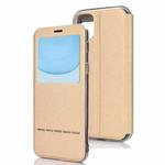 For iPhone 11  Matte Texture Horizontal Flip Bracket Mobile Phone Holster Window with Caller ID and Metal Button Slide To Unlock(Gold)