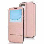 For iPhone 11  Matte Texture Horizontal Flip Bracket Mobile Phone Holster Window with Caller ID and Metal Button Slide To Unlock(Rose Gold)