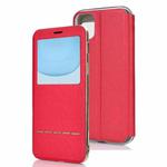 For iPhone 11  Matte Texture Horizontal Flip Bracket Mobile Phone Holster Window with Caller ID and Metal Button Slide To Unlock(Red)
