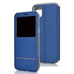 For iPhone 11 Pro Max Matte Texture Horizontal Flip Bracket Mobile Phone Holster Window with Caller ID and Metal Button Slide To Unlock(Blue)