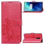 For One Plus 7T Pro Four-leaf Clasp Embossed Buckle Mobile Phone Protection Leather Case with Lanyard & Card Slot & Wallet & Bracket Function(Magenta)