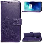 For One Plus 7T Pro Four-leaf Clasp Embossed Buckle Mobile Phone Protection Leather Case with Lanyard & Card Slot & Wallet & Bracket Function(Purple)