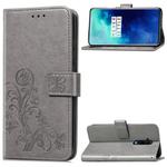 For One Plus 7T Pro Four-leaf Clasp Embossed Buckle Mobile Phone Protection Leather Case with Lanyard & Card Slot & Wallet & Bracket Function(Gray)