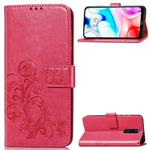 For Xiaomi Redmi 8  Four-leaf Clasp Embossed Buckle Mobile Phone Protection Leather Case with Lanyard & Card Slot & Wallet & Bracket Function(Magenta)