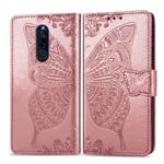 For Xiaomi Redmi 8  Butterfly Love Flower Embossed Horizontal Flip Leather Case with Bracket Lanyard Card Slot Wallet(Rose Gold)