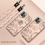 For iPhone 11 Fashion Clock Pattern Rhinestone Mobile Phone Shell with Bracket / Hand Rope / Lanyard(Rose Gold)