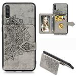 For Xiaomi Mi CC9e Mandala Embossed Magnetic Cloth PU + TPU + PC Case with Holder & Card Slots & Wallet & Photo Frame & Strap(Gray)