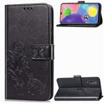 For Galaxy A70s Four-leaf Clasp Embossed Buckle Mobile Phone Protection Leather Case with Lanyard & Card Slot & Wallet & Bracket Function(Black)