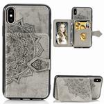 For iPhone X/XS  Mandala Embossed Magnetic Cloth PU + TPU + PC Case with Holder & Card Slots & Wallet & Photo Frame & Strap(Gray)