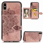 For iPhone X/XS  Mandala Embossed Magnetic Cloth PU + TPU + PC Case with Holder & Card Slots & Wallet & Photo Frame & Strap(Rose Gold)