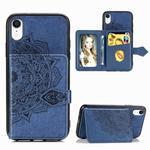 For iPhone XR Mandala Embossed Magnetic Cloth PU + TPU + PC Case with Holder & Card Slots & Wallet & Photo Frame & Strap(Blue)