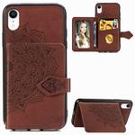 For iPhone XR Mandala Embossed Magnetic Cloth PU + TPU + PC Case with Holder & Card Slots & Wallet & Photo Frame & Strap(Brown)