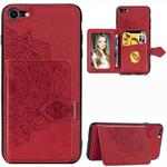 For iPhone SE 2022 / SE 2020 / 8 / 7  Mandala Embossed Magnetic Cloth PU + TPU + PC Case with Holder & Card Slots & Wallet & Photo Frame & Strap(Red)