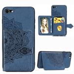 For iPhone SE 2022 / SE 2020 / 8 / 7  Mandala Embossed Magnetic Cloth PU + TPU + PC Case with Holder & Card Slots & Wallet & Photo Frame & Strap(Blue)