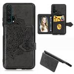 For Huawei Honor 20 Pro Mandala Embossed Magnetic Cloth PU + TPU + PC Case with Holder & Card Slots & Wallet & Photo Frame & Strap(Black)