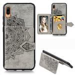 For Huawei Y6 Pro 2019 Mandala Embossed Magnetic Cloth PU + TPU + PC Case with Holder & Card Slots & Wallet & Photo Frame & Strap(Gray)