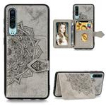 For Huawei P30 Mandala Embossed Magnetic Cloth PU + TPU + PC Case with Holder & Card Slots & Wallet & Photo Frame & Strap(Gray)