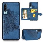 For Huawei P30 Mandala Embossed Magnetic Cloth PU + TPU + PC Case with Holder & Card Slots & Wallet & Photo Frame & Strap(Blue)