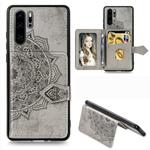 For Huawei P30 Pro Mandala Embossed Magnetic Cloth PU + TPU + PC Case with Holder & Card Slots & Wallet & Photo Frame & Strap(Gray)