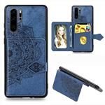 For Huawei P30 Pro Mandala Embossed Magnetic Cloth PU + TPU + PC Case with Holder & Card Slots & Wallet & Photo Frame & Strap(Blue)