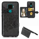 For Huawei Mate 30 Lite/Nova 5i Pro Mandala Embossed Magnetic Cloth PU + TPU + PC Case with Holder & Card Slots & Wallet & Photo Frame & Strap(Black)