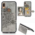 For Huawei Y6 (2019) Mandala Embossed Magnetic Cloth PU + TPU + PC Case with Holder & Card Slots & Wallet & Photo Frame & Strap(Gray)