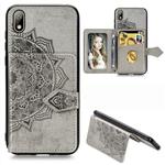 For Huawei Y5 (2019) Mandala Embossed Magnetic Cloth PU + TPU + PC Case with Holder & Card Slots & Wallet & Photo Frame & Strap(Gray)