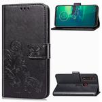 For Motorola G8 Plus  Four-leaf Clasp Embossed Buckle Mobile Phone Protection Leather Case with Lanyard & Card Slot & Wallet & Bracket Function(Black)