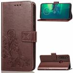 For Motorola G8 Plus  Four-leaf Clasp Embossed Buckle Mobile Phone Protection Leather Case with Lanyard & Card Slot & Wallet & Bracket Function(Brown)