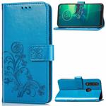 For Motorola G8 Plus  Four-leaf Clasp Embossed Buckle Mobile Phone Protection Leather Case with Lanyard & Card Slot & Wallet & Bracket Function(Blue)