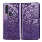 For Motorola One Action Butterfly Love Flower Embossed Horizontal Flip Leather Case with Bracket Lanyard Card Slot Wallet(Dark Purple)