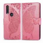 For Motorola One Action Butterfly Love Flower Embossed Horizontal Flip Leather Case with Bracket Lanyard Card Slot Wallet(Pink)