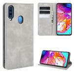 For Galaxy A20s Retro-skin Business Magnetic Suction Leather Case with Holder & Card Slots & Wallet(Grey)