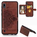 For Galaxy A10 Mandala Embossed Magnetic Cloth PU + TPU + PC Case with Holder & Card Slots & Wallet & Photo Frame & Strap(Brown)
