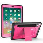 For iPad 9.7 (2018) & (2017)  360 Degree Rotation PC + Silicone Protective Case with Holder & Hand-strap(Rose Red)