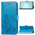 For Galaxy A91  Four-leaf Clasp Embossed Buckle Mobile Phone Protection Leather Case with Lanyard & Card Slot & Wallet & Bracket Function(Blue)