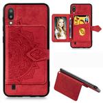 For Galaxy M10  Mandala Embossed Magnetic Cloth PU + TPU + PC Case with Holder & Card Slots & Wallet & Photo Frame & Strap(Red)