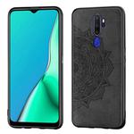 For Oppo A9 (2020) / A5 (2020) Mandala Embossed Cloth Cover PC + TPU Mobile Phone Case with Magnetic Function and Hand Strap(Black)