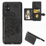 For Galaxy S20+ Mandala Embossed Magnetic Cloth PU + TPU + PC Case with Holder & Card Slots & Wallet & Photo Frame & Strap(Black)