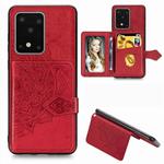 For Galaxy S20 Ultra Mandala Embossed Magnetic Cloth PU + TPU + PC Case with Holder & Card Slots & Wallet & Photo Frame & Strap(Red)