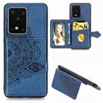 For Galaxy S20 Ultra Mandala Embossed Magnetic Cloth PU + TPU + PC Case with Holder & Card Slots & Wallet & Photo Frame & Strap(Blue)