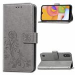 For Galaxy A01 Lucky Clover Pressed Flowers Pattern Leather Case with Holder & Card Slots & Wallet & Hand Strap(Gray)