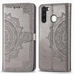 For Galaxy A21 Halfway Mandala Embossing Pattern Horizontal Flip Leather Case with Holder & Card Slots & Wallet & Photo Frame & Lanyard(Gray)